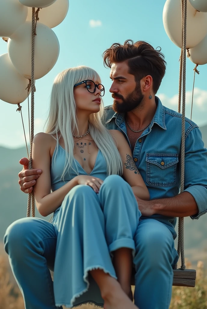 chica europea de cabello blanco liso largo con flequillo blue eyes con gafas tatuadasentada en un columpio suspendido por cuerdas atadas a grupos de globos blancos empujada por el hombre atractivo de 35 años de cabello castaño corto, with wavy tips ,hipster beard with mustache pointing upwards, blue eyes, freckles on the face large and marked muscles, great vices,accentuated abdomen,tattoo on an arm, The entire film image is dressed in blue denim shorts