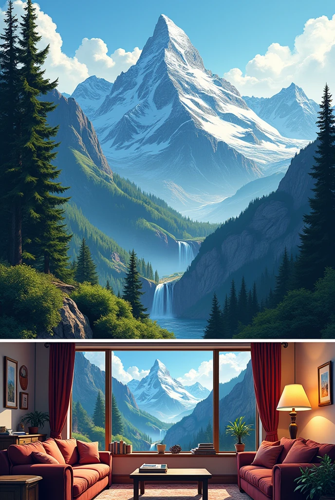 Make a comic strip: Show a beautiful mountain landscape. Then show the landscape on a phone camera. Then show the picture taken framed inside a house