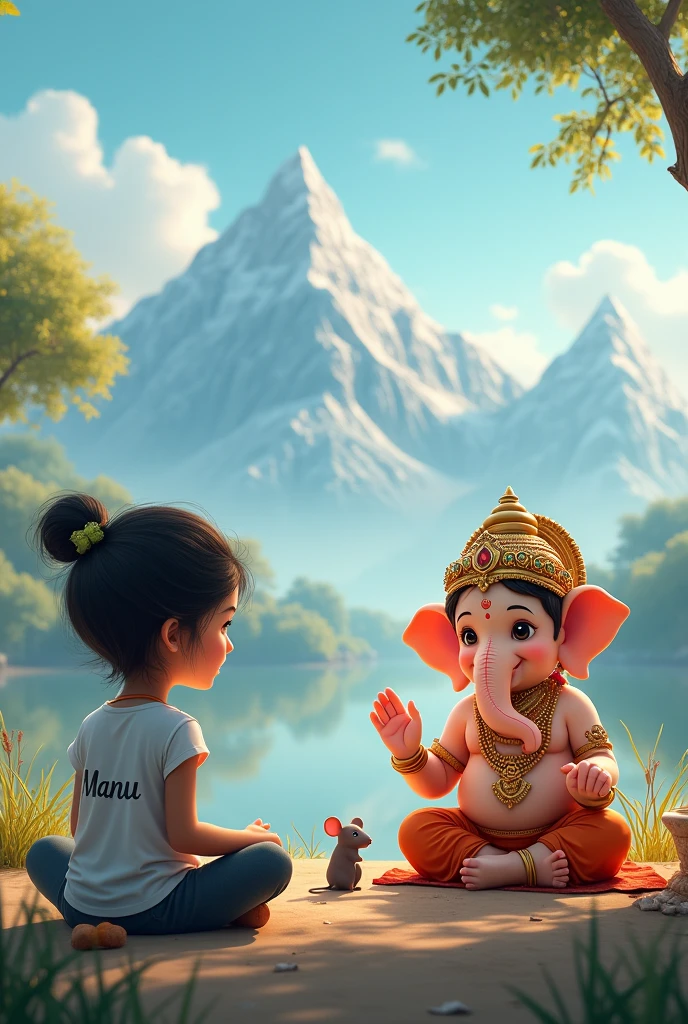 Create a digital artwork featuring a serene landscape with mountains in the background. In the foreground, depict a  Girl sitting cross-legged, wearing modern clothing with her name, 'Manu' written on her T-shirt. Next to her, place Child Ganesha. A small mouse, Lord Ganesha's vehicle, should be sitting nearby Wow, you have caught a juicy laddu. Lord Ganesha should be adorned with traditional jewelry and clothing, exuding a divine and peaceful aura. The overall scene should blend elements of traditional spirituality with modern aesthetics, creating a harmonious and serene atmosphere."