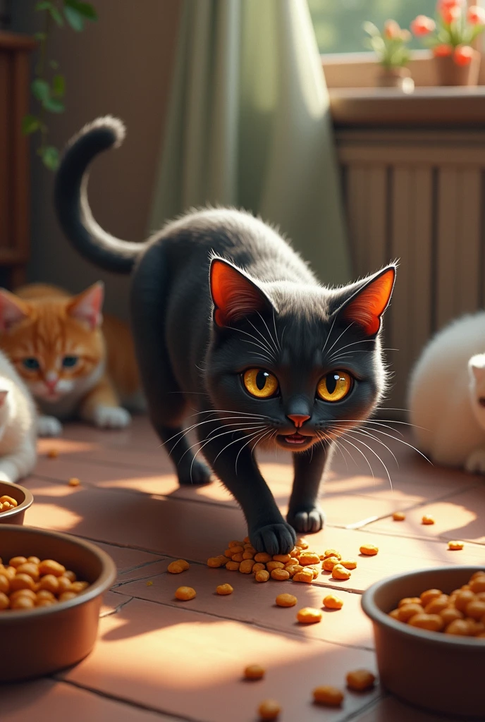 A cat steals other cats' food.