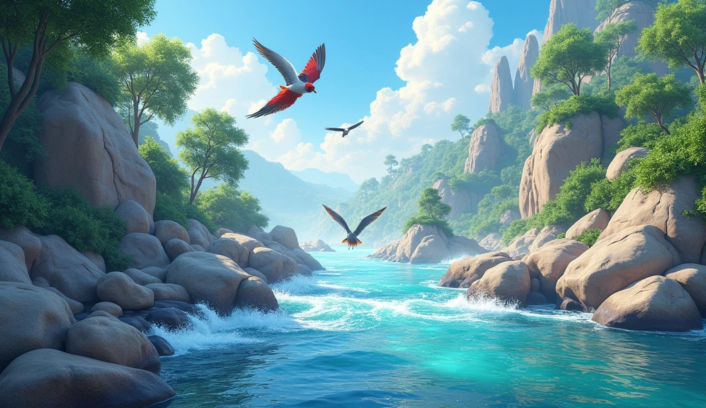 the river flows fast and clear with beautiful rocks, beautiful birds flying
