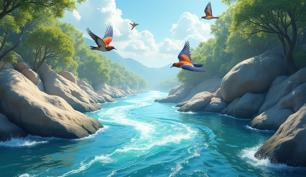the river flows fast and clear with beautiful rocks, beautiful birds flying 