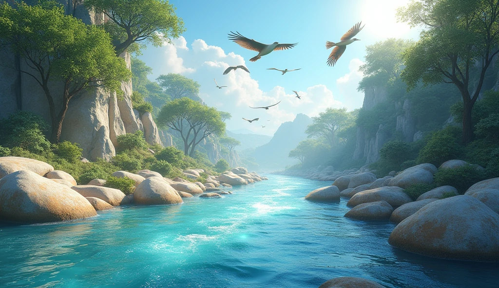 the river flows fast and clear with beautiful rocks, beautiful birds flying 