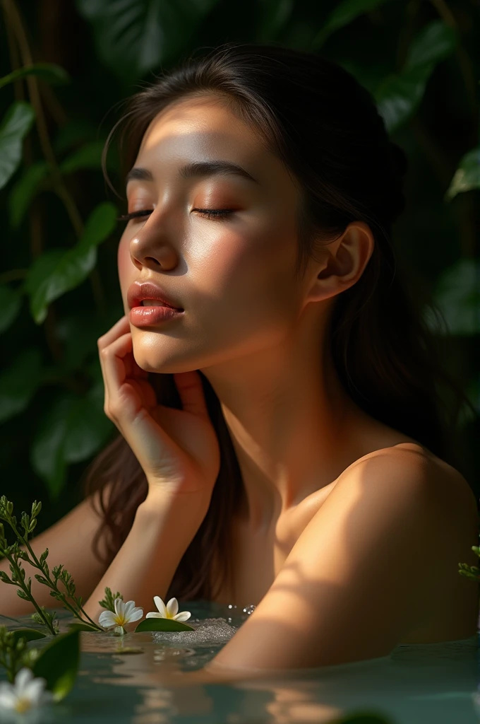 SKIN GLOWING TREATMENT OF WOMEN WITH NATURAL ENVIRONMENT #blackbackground