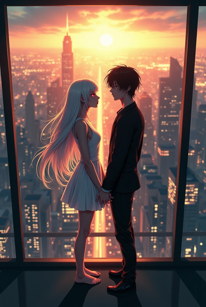 The image is anime style cowboy bebop and Darker than black with shadows and dim lights, anime style although somewhat adult and dark, It shows a single 26-year-old albino woman., white hair and red eyes, and very long hair, She wears a short white dress and bare feet. She is holding the hand of a 2 man with black hair and black eyes., who wears black clothes and shoes. They are both in a room that has glass walls from which you can see the daytime image of a large city illuminated by sunlight.. They both look at the front of the image. it is day, in the morning, It's 11 o'clock:00 am.
