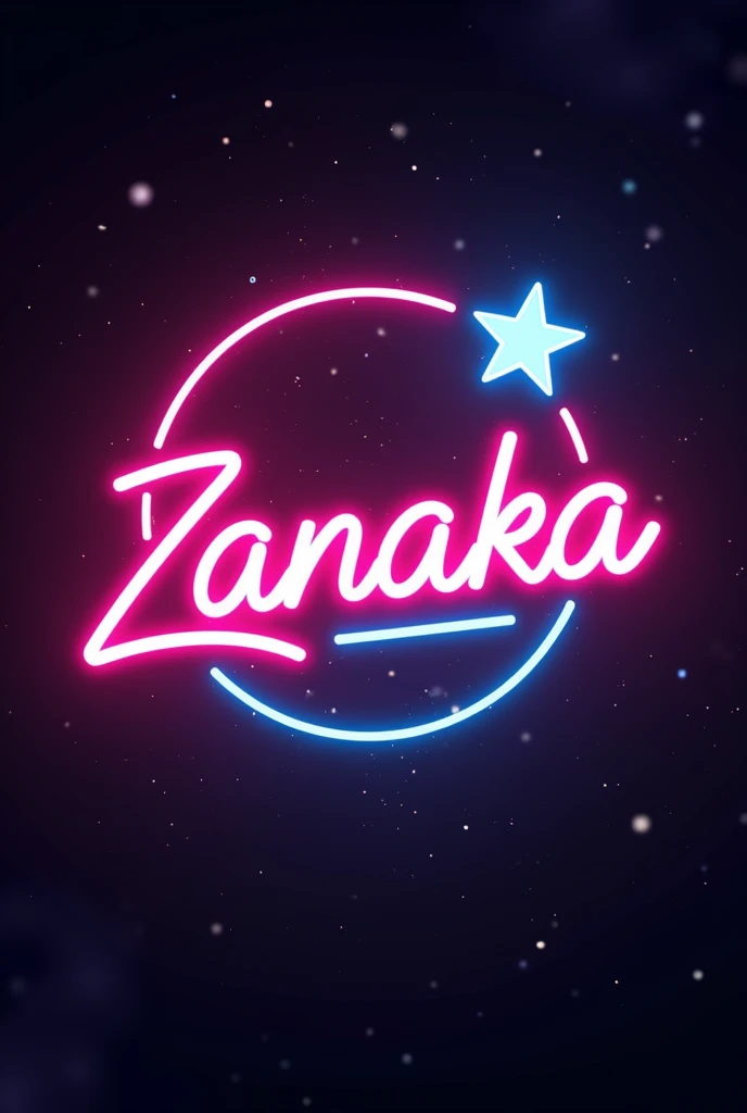 with beautiful universe background A captivating and futuristic 3D neon logo for "Zanaka " features a striking, vibrant, and modern design. The lettering is illuminated with a glowing neon glow, casting a dynamic atmosphere of energy and excitement. The ' ' in ' ' is shaped like a star, adding a unique and distinctive touch. The dark space background emphasizes the luminous letters, drawing the viewer's attention to the logo's focal point. The 3D render enhances the depth, realism, and movement, giving the logo a sense of dimension and dynamism. This design is perfect for a brand or company in the entertainment industry, reflecting a cutting-edge style and innovative spirit. The overall effect is a vibrant, futuristic, and eye-catching logo that captures the essence of, vibrant, typography, 3d render