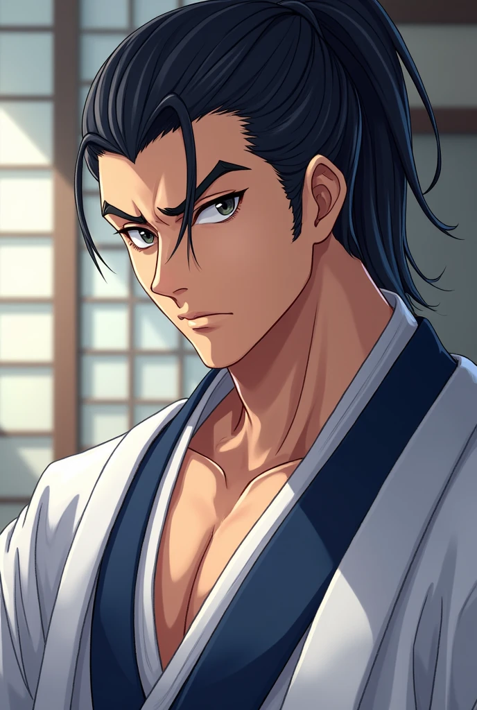 Please create a refreshing, handsome samurai wearing a hakama in an anime style. Only from the chest up, please.