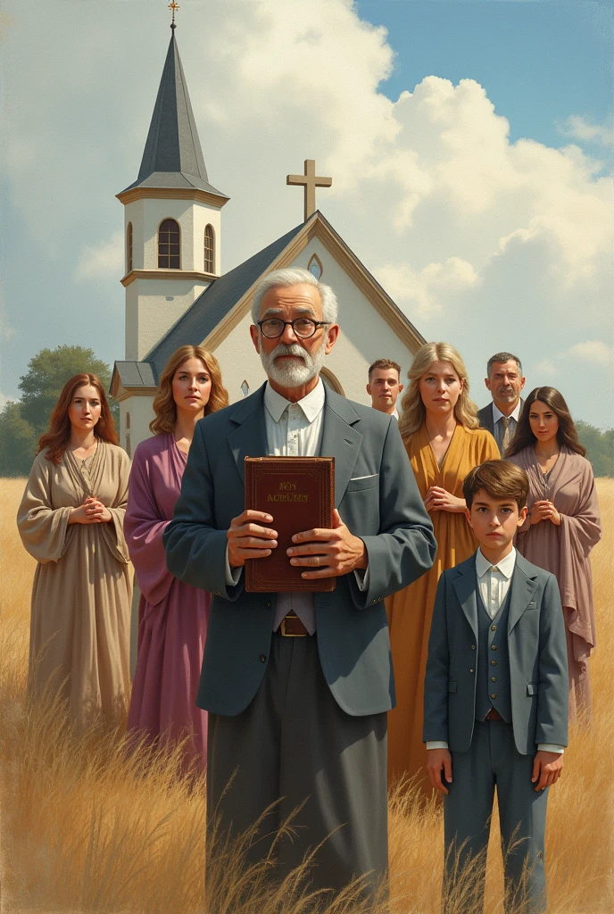 (abstract ,easy water color, landscape) , a old men with circle glasses holding a bible, 
(three young american pastors) , FIVE (5) old western women in a dress , (one little boy) in a formal suite, (facial expression solemn and brave), Christian Church at background, this art is about honoring them.
