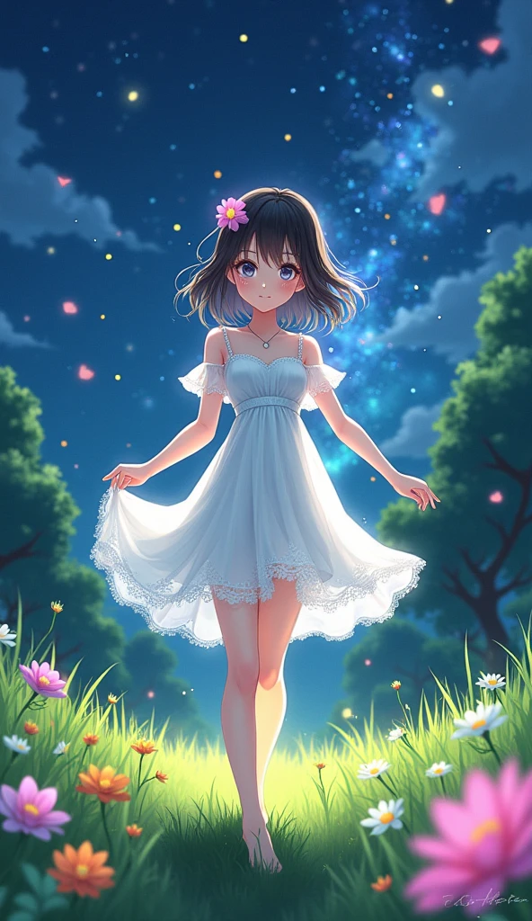 (masterpiece、Highest quality、8k、High resolution)、1 female、Beautiful eyes with slit length、Cute lips、Beautiful Nose、Brownish black hair、smile、(Best anime girl)、Green grassland with forest view、Walking,((Barefoot, off the ground, flying high, high, high, flying and running)),Fantasy art,Colorful flowers blooming in the field,A bright night with the stars clearly visible、milky way、(Mysterious light particles from the whole body、Colorful light particles)、jewelry、necklace、White lace dress、(Beautiful full body style)、Highly detailed anime art、Fantasy art,A complete portrayal