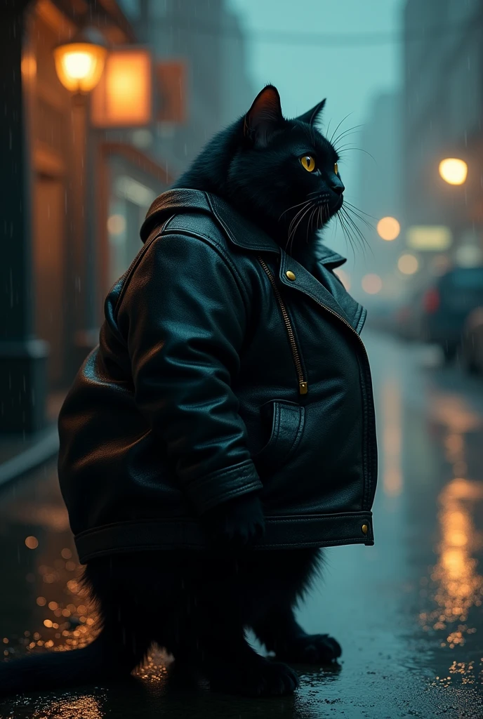 Rainy night、Fat cat from behind、Leather jacket