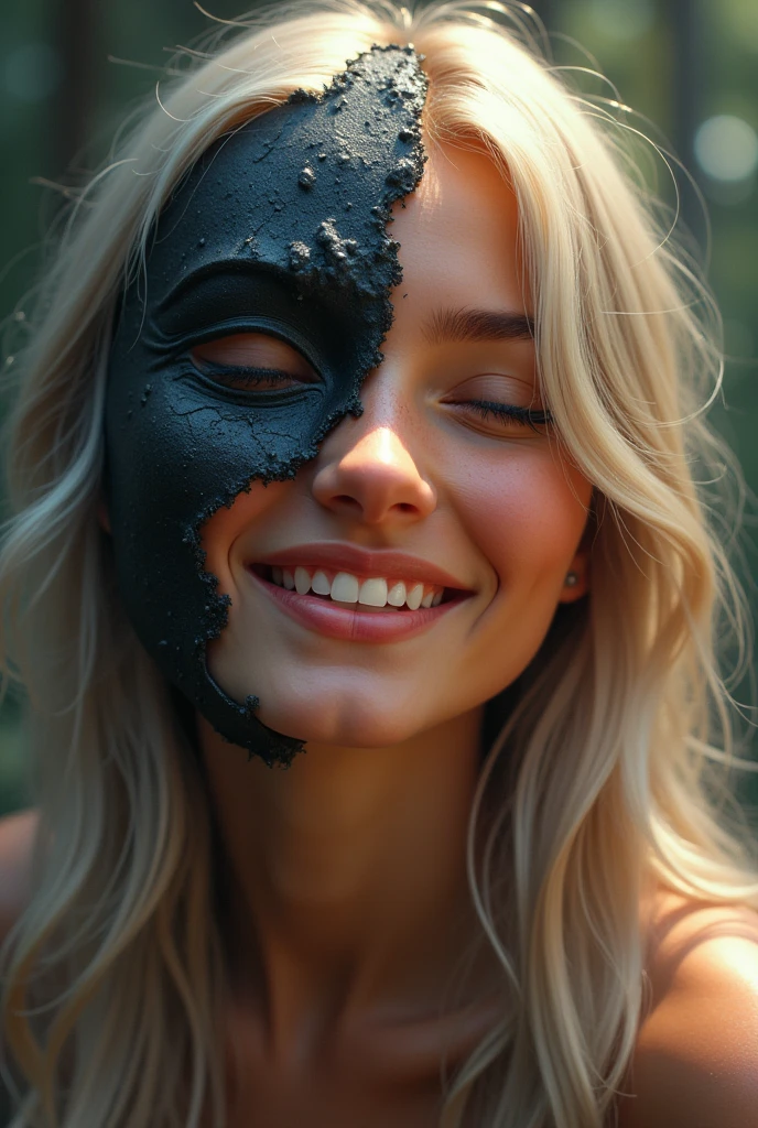 A very happy person, removing a horrible mask from the face.