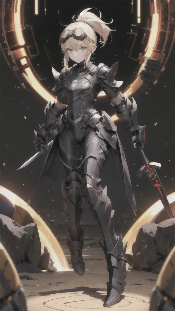 Blonde beauty with short ponytail，Chest，black tights，Pitch black sci-fi armor，Black Gauntlets，Thin legs，Jet black iron boots，cross sword，maze, goggles, 