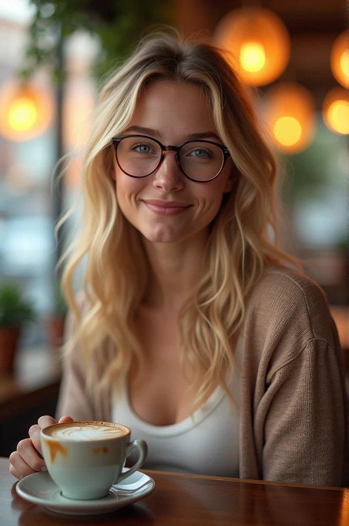 Beautiful and cute blonde in yellow sweater (drinking coffee in a modern cafe at sunset), very detailled, inoccent face, Naturally wavy hair, blue colored eyes, wearing glasses, high resolution, masterpiece, best qualityer, details Intricate, very detailled, sharp focus, skin detailed, texture superior realista, texture, detailedeyes, proffesional, 4K, ssmile,enchanting, taken with Canon, 85 mm. Light depth of field, Kodak Vision Color, perfectly fitted body. extremely detaild, photoshot_ultra, fotorrealistic, realistic, post-processing. Maximum details, Hapiness, real-life, ultrarrealistic, photoshotrealismus, photoshotgrafie, BK UIID, photoshotgrafie