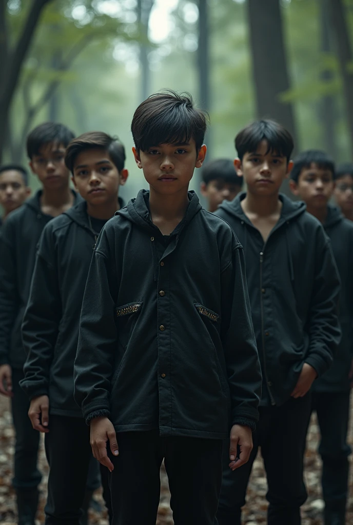 Many boy set together like a gang and wear lose black clothes looks like dangerous and background is a forest