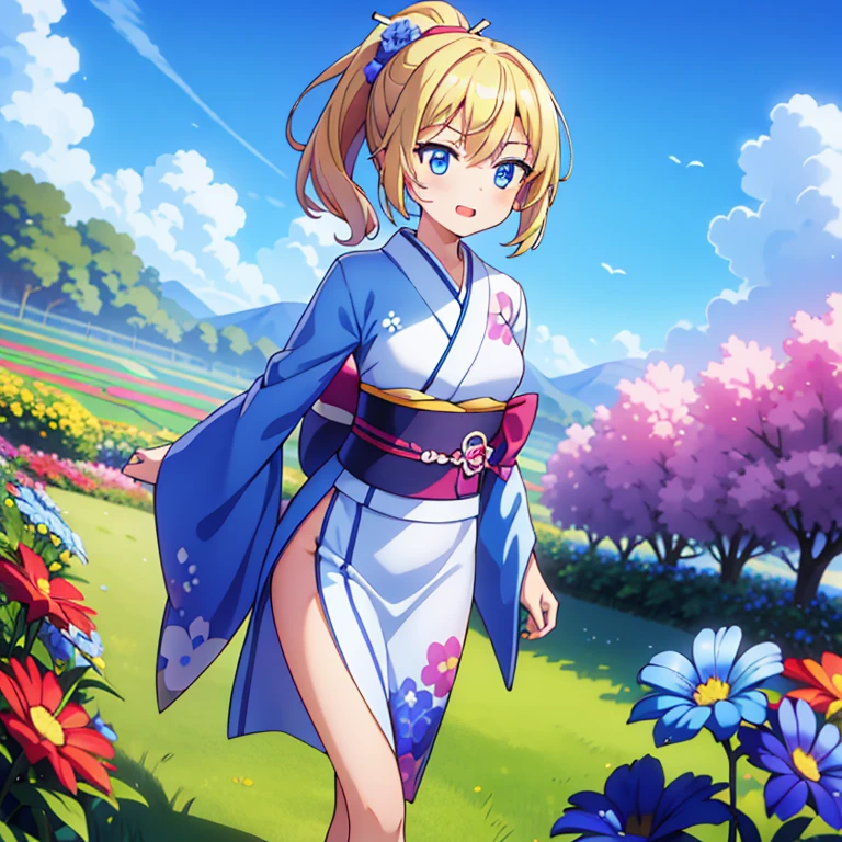 Masterpiece, best quality, high quality, 1girl, Solo, r, has Blonde Hair, Ponytail, has Blue eyes, slim body, has medium breasts, wears a Kimono, Blue headed flowers on the Kimono, happy expression, walking in flower field sunny day