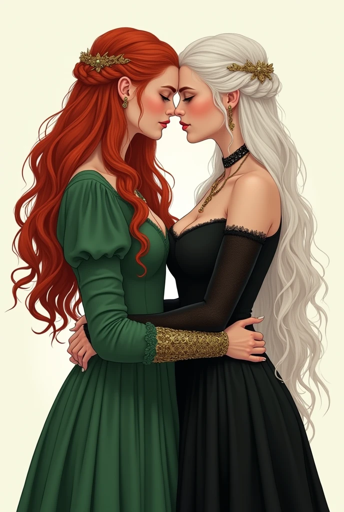 Make a drawing of alicent hightower and Rhaenyra Targaryen. Alicent is a redhead while Rhaenyra has white blonde hair. Alicent has green sexy royal long dress while Rhaenyra has long black dress. They are making out hot erotic