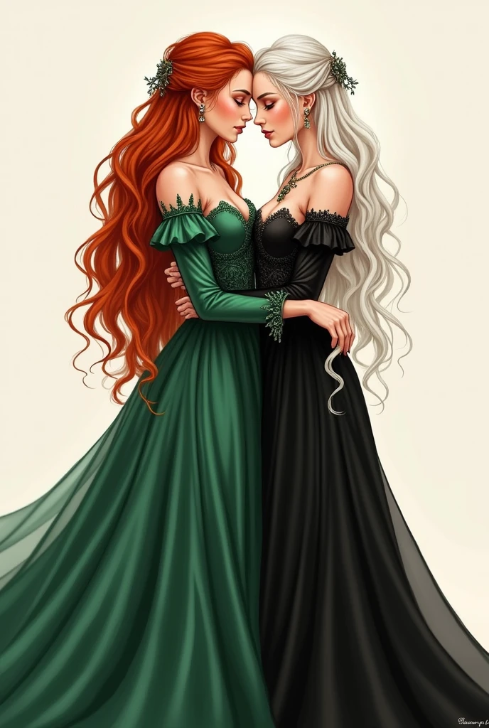 Make a drawing of alicent hightower and Rhaenyra Targaryen. Alicent is a redhead while Rhaenyra has white blonde hair. Alicent has green sexy royal long dress while Rhaenyra has long black dress. They are making out hot erotic