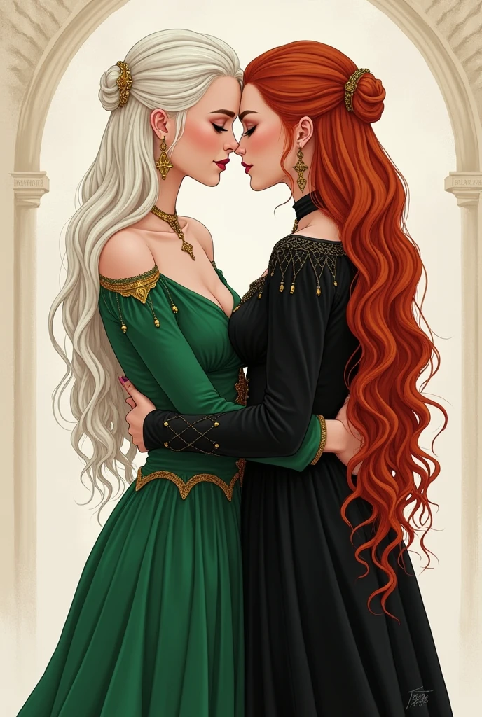 Make a drawing of alicent hightower and Rhaenyra Targaryen. Alicent is a redhead while Rhaenyra has white blonde hair. Alicent has green sexy royal long dress while Rhaenyra has long black dress. They are making out hot erotic