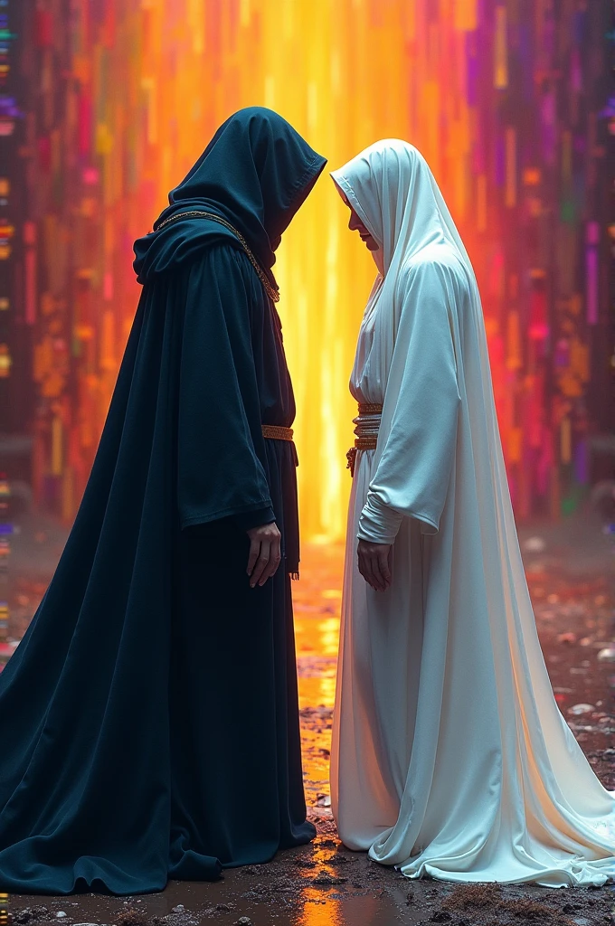 A person in a black robe is facing a person in a white robe, with his back to the person in a bright colored background.