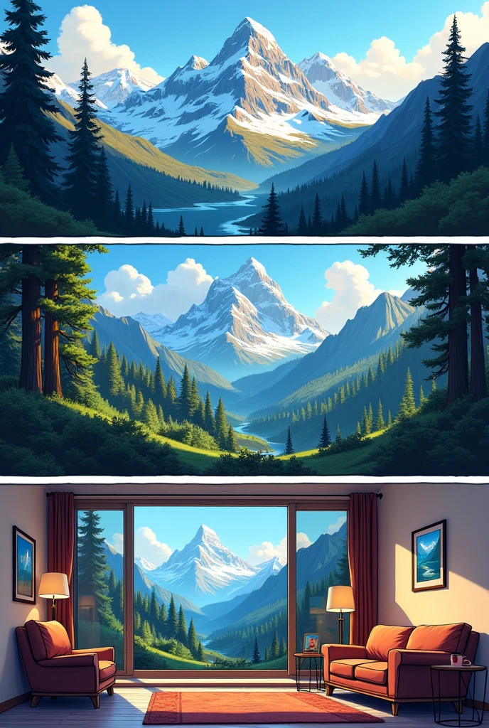 Make a comic strip: Show a beautiful mountain landscape. Then show the landscape on a phone camera. Then show the picture taken framed inside a house
