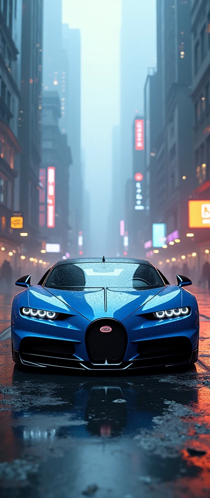 A BLUE AND BLACK BUGGATI CHIRON SPORT IN A CYBERPUNK CITY.PORTRAIT