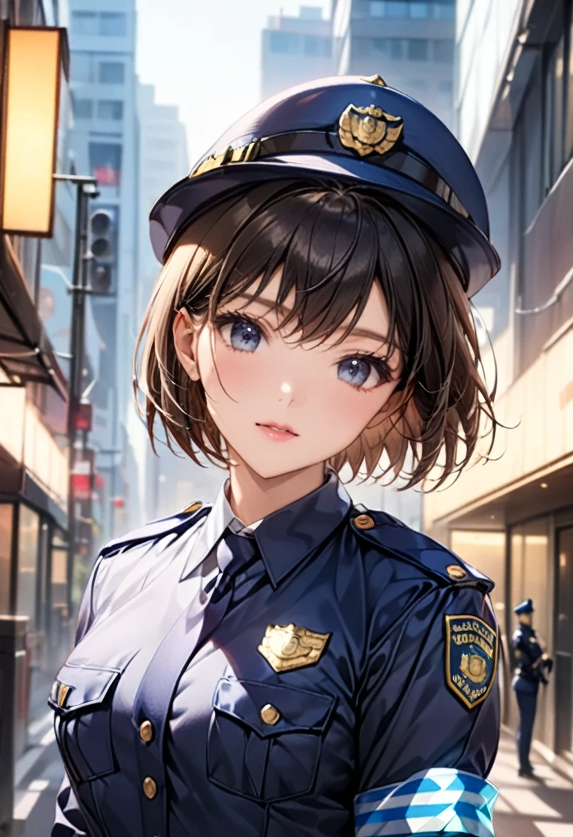 Highest quality、masterpiece、8k、Realistic、超High resolution、Very delicate and beautiful、High resolution、Cinema Lighting、medium range shooting、Perfect female body、Beautiful woman、Mature Woman、Beautiful Eyes、Cityscape、(short hair:1.8、Black Hair)、((Female police officer:1.4、紺色のFemale police officer、Female police officerの制帽、Uniform Buttons、Navy blue tie、Uniform jacket、White gloves))、pantyhose、Pencil Skirt、Stiletto heel pumps、Police Badge、Epaulettes、