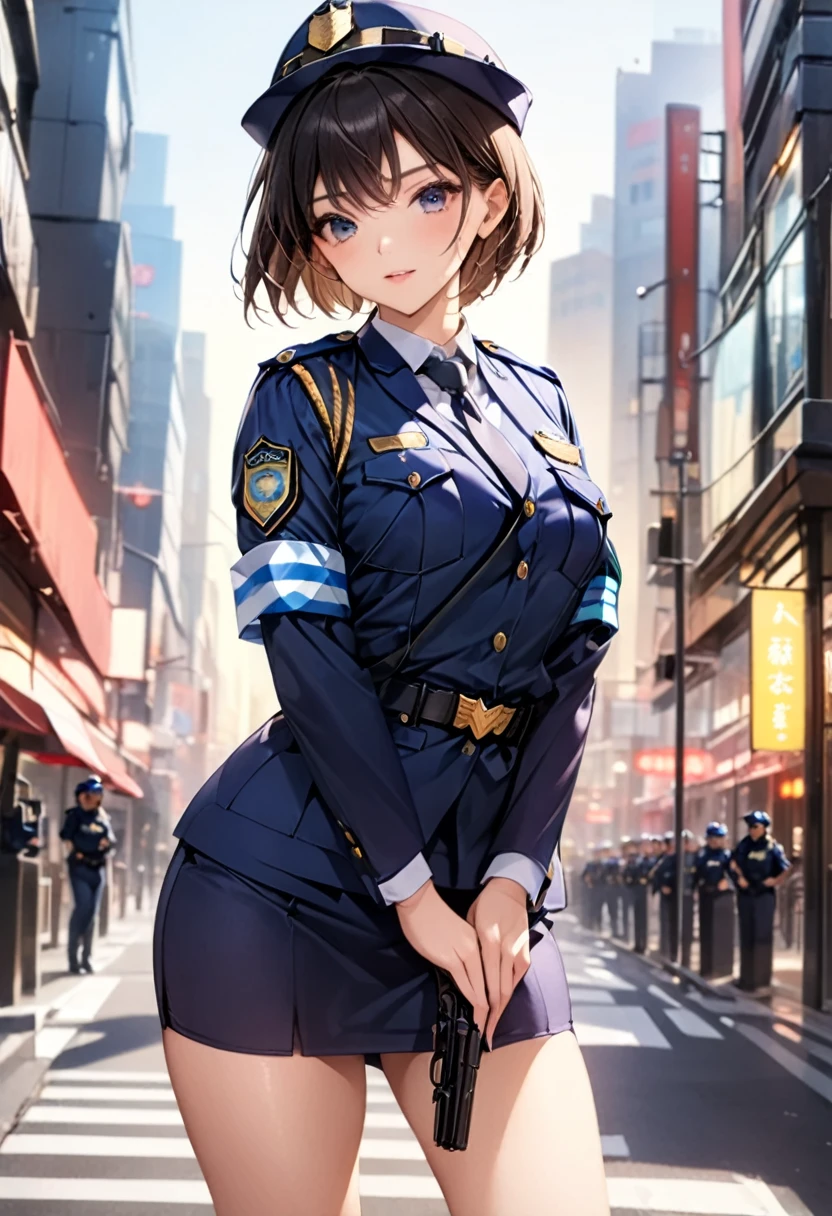 Highest quality、masterpiece、8k、Realistic、超High resolution、Very delicate and beautiful、High resolution、Cinema Lighting、medium range shooting、Perfect female body、Beautiful woman、Mature Woman、Beautiful Eyes、Cityscape、(short hair:1.8、Black Hair)、((Female police officer:1.4、紺色のFemale police officer、Female police officerの制帽、Uniform Buttons、Navy blue tie、Uniform jacket、White gloves))、pantyhose、Pencil Skirt、Stiletto heel pumps、Police Badge、Epaulettes、