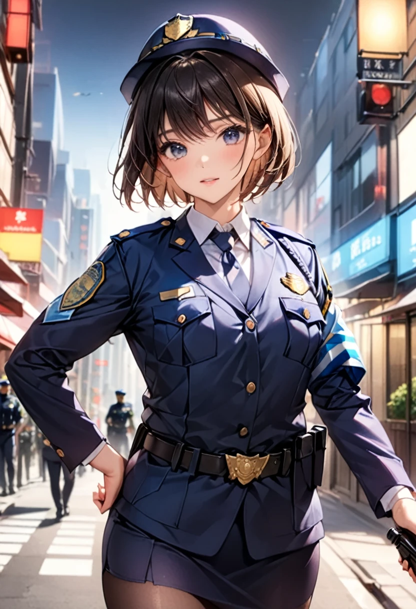 Highest quality、masterpiece、8k、Realistic、超High resolution、Very delicate and beautiful、High resolution、Cinema Lighting、medium range shooting、Perfect female body、Beautiful woman、Mature Woman、Beautiful Eyes、Cityscape、(short hair:1.8、Black Hair)、((Female police officer:1.4、紺色のFemale police officer、Female police officerの制帽、Uniform Buttons、Navy blue tie、Uniform jacket、White gloves))、pantyhose、Pencil Skirt、Stiletto heel pumps、Police Badge、Epaulettes、