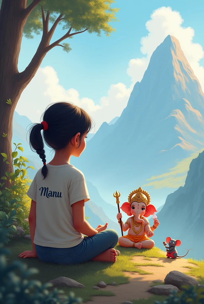 Create a digital artwork featuring a serene landscape with mountains in the background. In the foreground, depict a Child Girl sitting cross-legged, wearing modern clothing with her name, 'Manu' written on her T-shirt. Next to her, place Child Ganesha. A small mouse, Lord Ganesha's vehicle, should be sitting nearby Wow, you have caught a juicy laddu. Lord Ganesha should be adorned with traditional jewelry and clothing, exuding a divine and peaceful aura. The overall scene should blend elements of traditional spirituality with modern aesthetics, creating a harmonious and serene atmosphere."