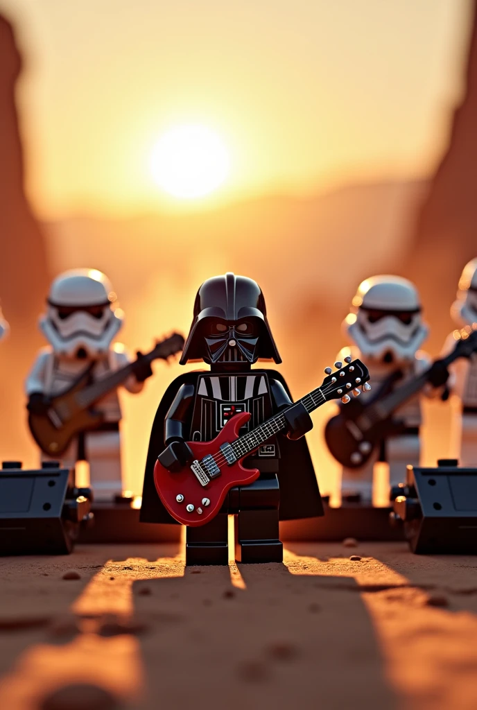 Photorealism 1.4 realistic realism high detailed definition Lego minifig 4 stormtrooper with guitar and drum set dart Vader play guitar Gibson sg red and sing at desert concert with lighting guitar amplifier and lighting smoke effect stage microphone smoke effect wrote THE MASVADER retro font at top