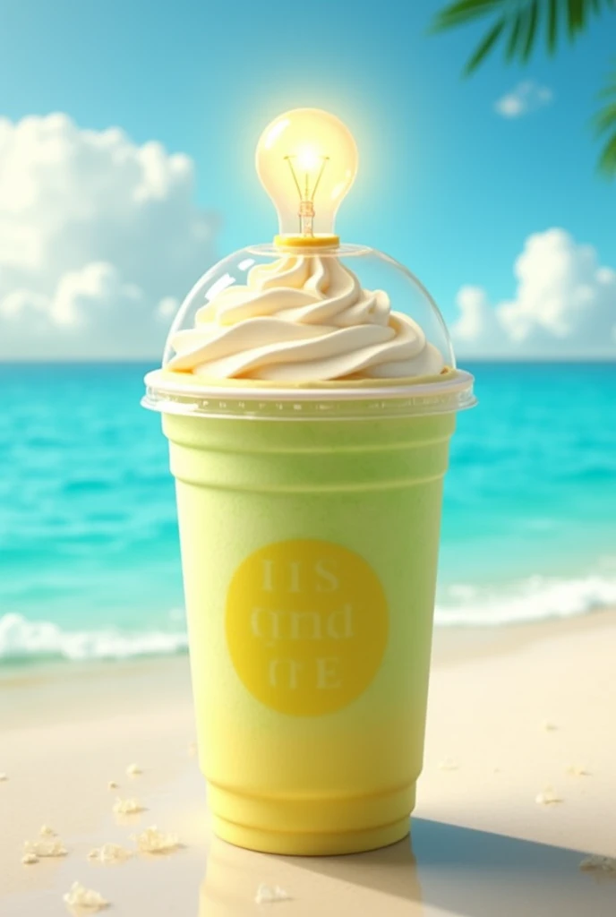 a pineapple-flavored frappe served in a 16-ounce plastic to-go cup with room for my logo (a little more cream and its domed lid on top)
a light bulb on top with a beach background