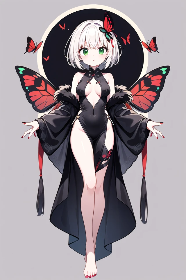 women, White skin, medium breasts, short hair , black chinese dress. black fur, red butterflies around, red ribbon tied to her thigh. whole body, barefoot, two strands of long black braided hair, long red painted nails, green eyes, a butterfly hair ornament, flying body, looking at the viewer.