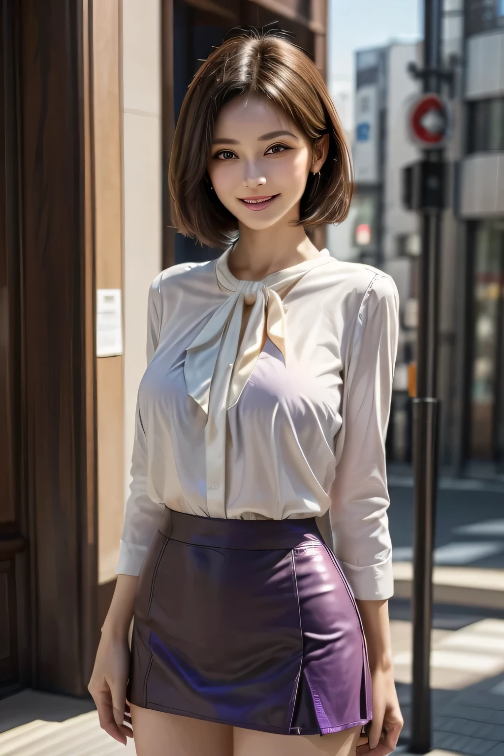 One Woman, alone, middle aged, Beautiful middle aged woman、I could see the whole body、 ((short hair)), ((Brown eyes, Beautiful eyelashes, Realistic eyes)), ((Detailed face, blush:1.2)), ((Smooth texture:0.75, Realistic texture:0.65, Realistic:1.1, Anime CG style)), ((Glamorous Body)),((Big Breasts)), Dynamic Angle, Perfect body, ((Light purple transparent blouse, Red Skirt))、(Hotel stairs)、that'the wind is strong、(Very embarrassing panic smile)、I can see her panties peeking out right in front of me.., Angle looking up from the top of the stairs、 (((The wind flipped up her skirt、Your pants are completely visible..、Pink floral panty star piece, Highest quality, High resolution, Pixel Perfect, 8k,))),