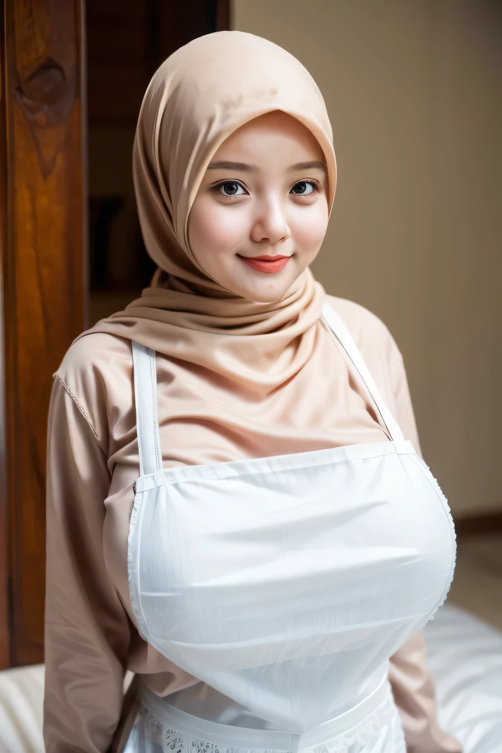 adorable, 1 girl, (face to face), , baby face, happy, medium portrait, (face details: 1), (eye details:1), ((naked big breasts)). wearing transparent transparency mini apron, .. Cute posed. proportional body. Ultra High Res. realistic: 1.4, UHD, poke ((HIJAB STYLISH style)) , lace (Gigantic:1.919)