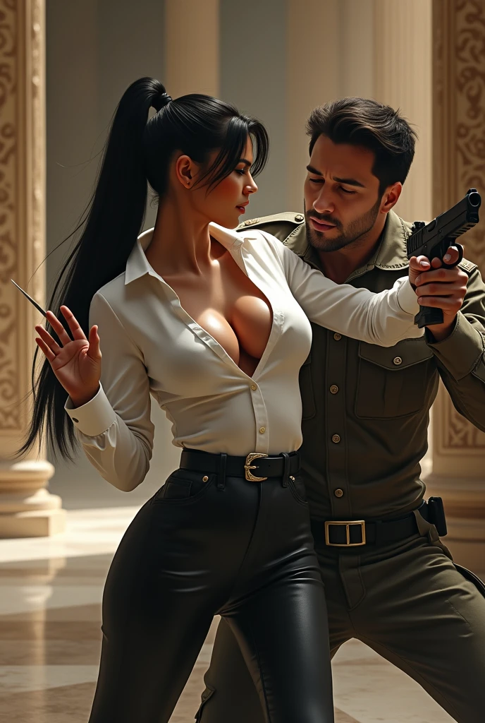 Kim Kardashian with long straight black hair in a ponytail in a white shirt with buttons and collar and sleeves and not cropped, generous cleavage,in a very tight black latex leggings, she fights with a soldier for a gun , the soldier grabs the gun