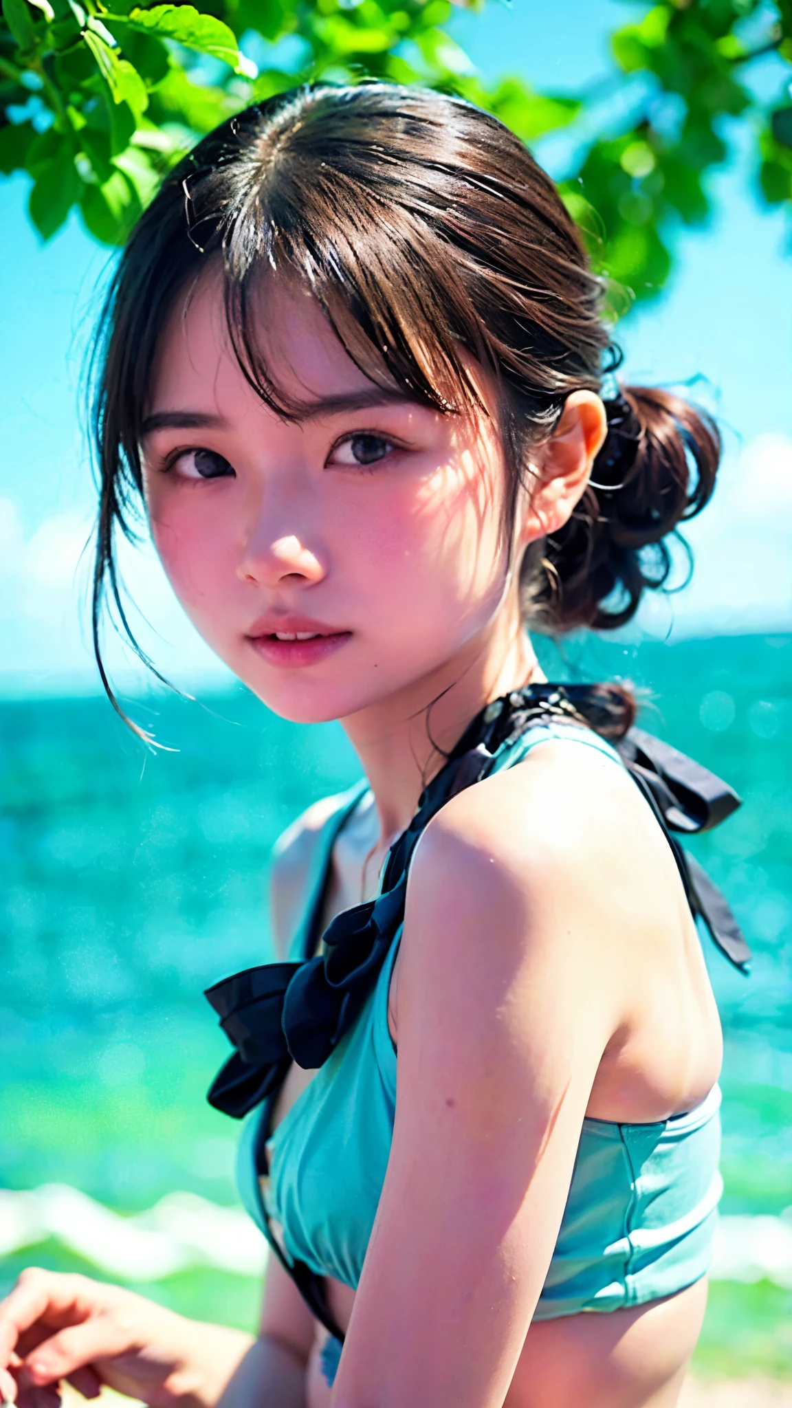  Adorable, Seaside,  Japanese Girls, (Portraiture, close:1),Curly shorthair,  Scrunchie,( cheek,Glossy Lips:1),Frilled bikini,  View your viewers,  ,Sweaty, (*********),   (Embarrassing, smile:0.7), (Pale skin:1.1), (From the side), sunset,  catch_Light, 