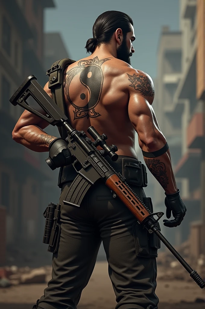 Free fire character (backside) with a tatto of yin yang in his back and holding awm gun