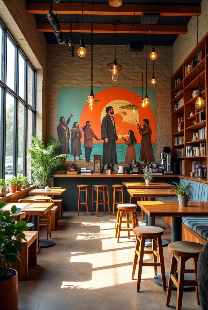 create a plan for a coffee shop that has space for studying, space for reading, traditional space for consumption, space for a mural of ancestral leaders with slam and etc.