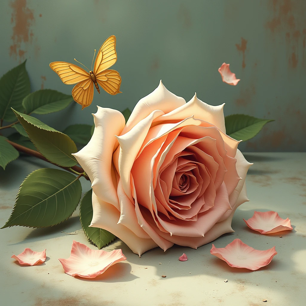 A wilted rose in the light、sorrow、beauty and the beast、face down、butterfly、金色に光るbutterfly、Illustration, Gentle colors,
