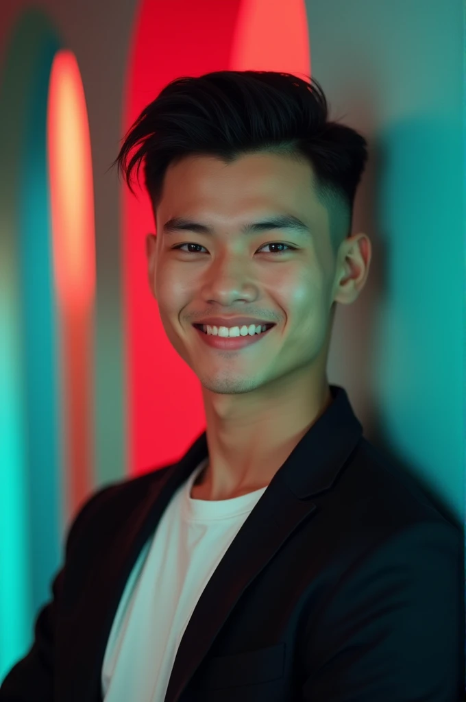 A photo of a 1 boy with dark hair and a confident smile. He is dressed in a black blazer over a white shirt and has a medium volume taper fade haircut. The boy is positioned against an aqua-coloured backdrop with a subtle red lighting on the left side. The photo is taken for a Facebook profile.