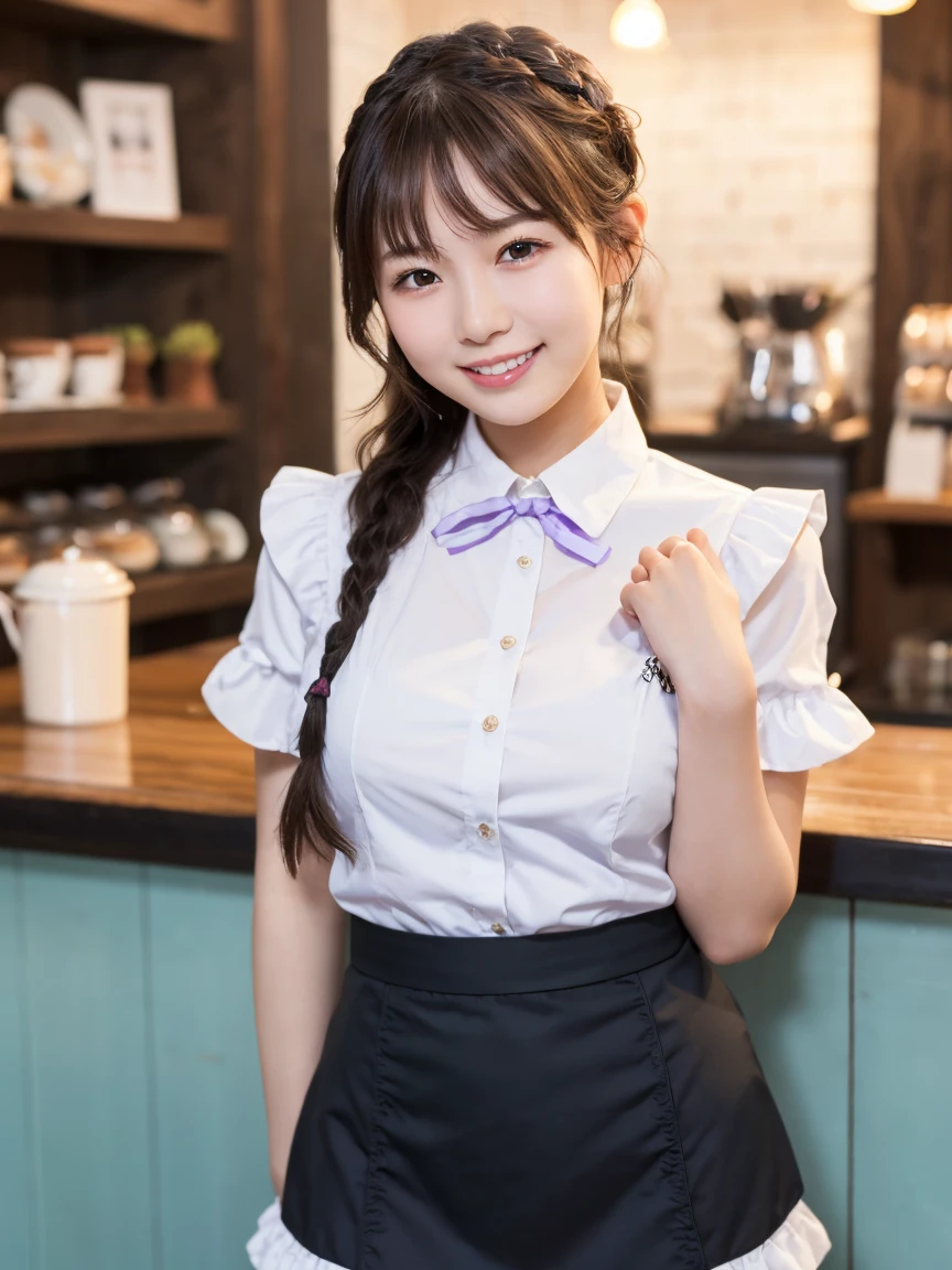1 girl、(RAW Photos、Highest quality)、(Real、フォトReal:1.4)、Tabletop、Very delicate and beautiful、Very detailed、2k wallpaper、wonderful、Detailed、Very detailedCG Unity 8k壁紙、Super detailed、20-year-old、((Pale purple waitress outfit))、mini skirt、Frillsスカート、Big Breasts、Perfect Style、Frills、ribbon、Soft Light、Beautiful detailed girl、Braided Hair、(Hold own chest between own arms, )、Puff sleeves、Waitress in a café、smile、Happy Face、coffee shop、Coffee Drip
