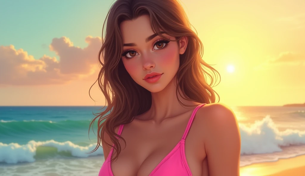 a  wearing a pink one-piece swimsuit, beautiful detailed eyes, beautiful detailed lips, extremely detailed face, long eyelashes, cute expression, sitting on the beach, golden hour sunlight, ocean waves in the background, photorealistic, 8k, highly detailed, masterpiece, vibrant colors, natural lighting, cinematic composition