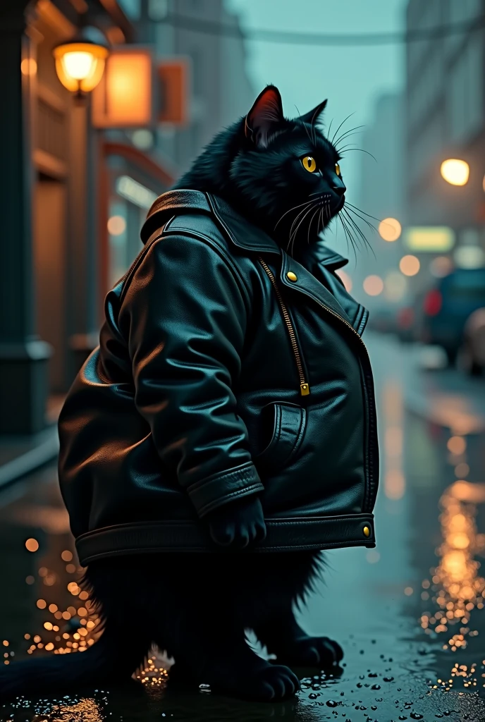 Rainy night、Fat cat from behind、Leather jacket