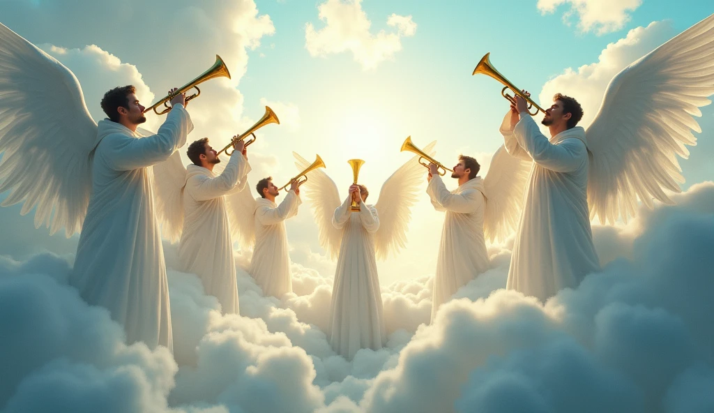 Male angels playing trumpets in the clouds