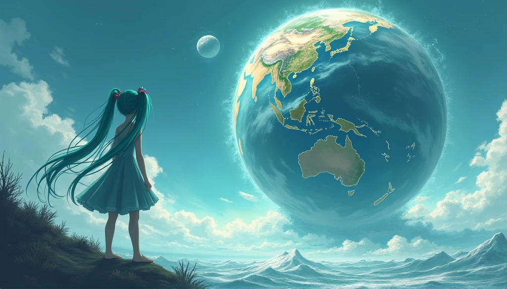 miku hatsune,Look at the Earth, it's a distorted world From the side