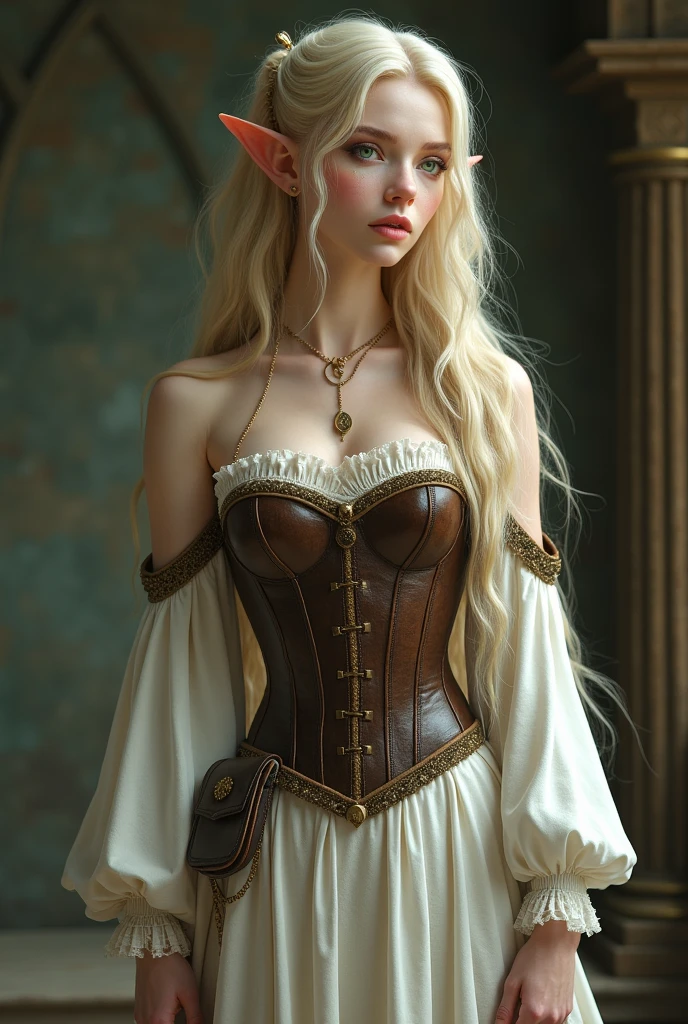 Elf woman, very long blonde wavy hair, bright green eyes, white skin, wearing brown medieval corset with long white medieval dress with a big pocket on right.