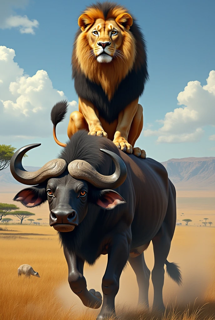 Lion sitting on buffalo