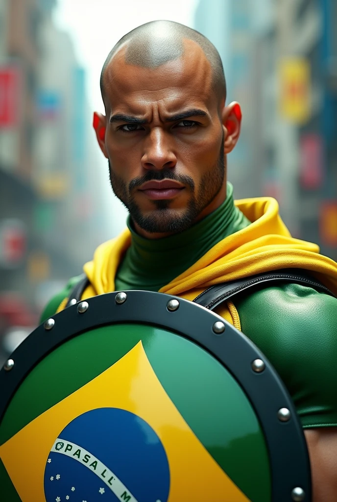 Create a close-up image of a Brazilian superhero. He is bald, wearing a costume inspired by the colors of the Brazilian flag: green, yellow, blue, and white. He has no mask, and his expression is confident and determined. He holds a round shield with a design resembling the Brazilian flag symbol. The background is a blurred, vibrant urban cityscape.