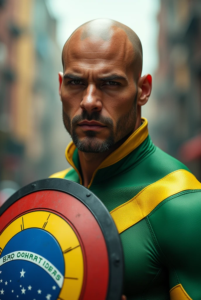 Create a close-up image of a Brazilian superhero. He is bald, wearing a costume inspired by the colors of the Brazilian flag: green, yellow, blue, and white. He has no mask, and his expression is confident and determined. He holds a round shield with a design resembling the Brazilian flag symbol. The background is a blurred, vibrant urban cityscape.