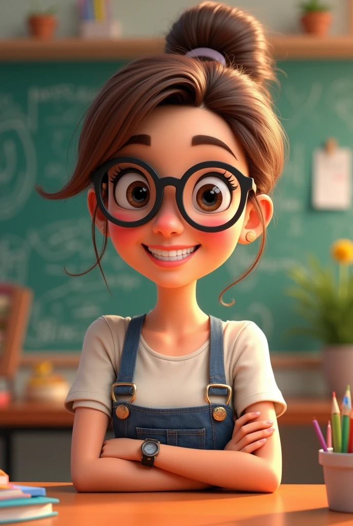 a pixar-like image of a teacher with brown hair up and glasses with a big smile